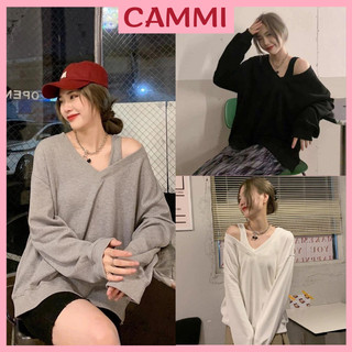  Áo nỉ cổ V sweater trễ vai phối 1 dây lệch vai dáng rộng chất nỉ cotton dày dặn mặc mùa đông SA128 
