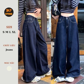 Quần Jeans Nữ Ống Rộng Xanh Đậm 247Store Cạp Cao Tôn Dáng, Viền Chỉ Nổi Cá Tính Mặc Đi Học Đi Làm Đi Chơi