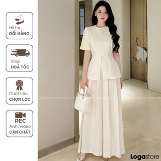 Set đồ nữ sang chảnh màu kem, set áo peplum và quần ống rộng xếp ly, set quần áo nữ công sở thanh lịch Loga store _L161