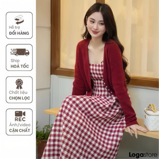 Set váy dạ caro 2 dây dáng dài kèm áo choàng đỏ, set đồ nữ phong cách tiểu thư, váy kẻ sọc mix cadigan Loga store