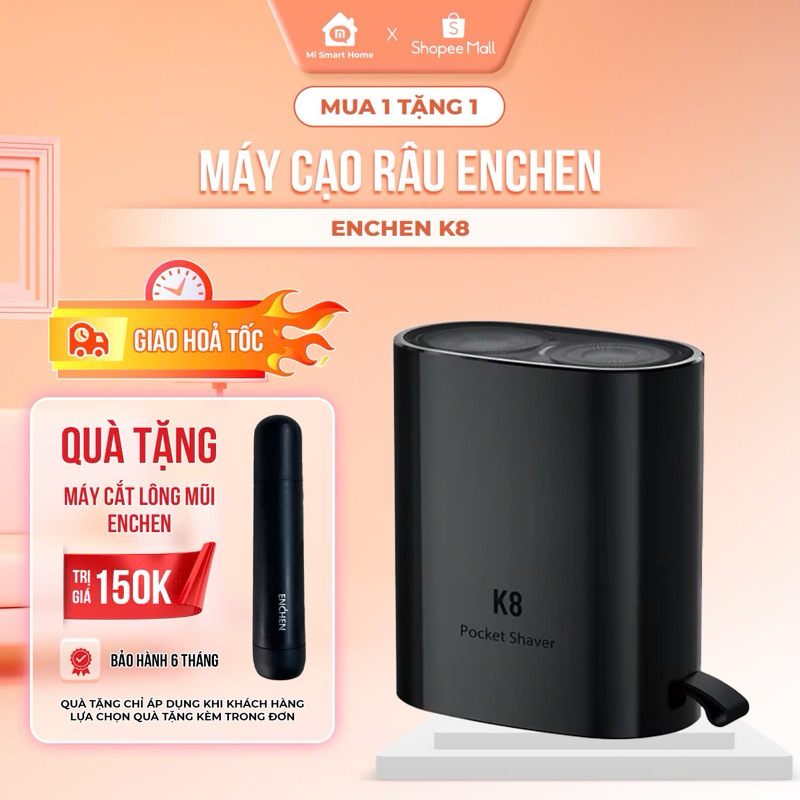 Máy cạo râu mini Enchen K8 đầu cạo 2D chống nước,18 lưỡi dao tự mài, pin dùng đến 60 ngày- Bảo hành 6 tháng