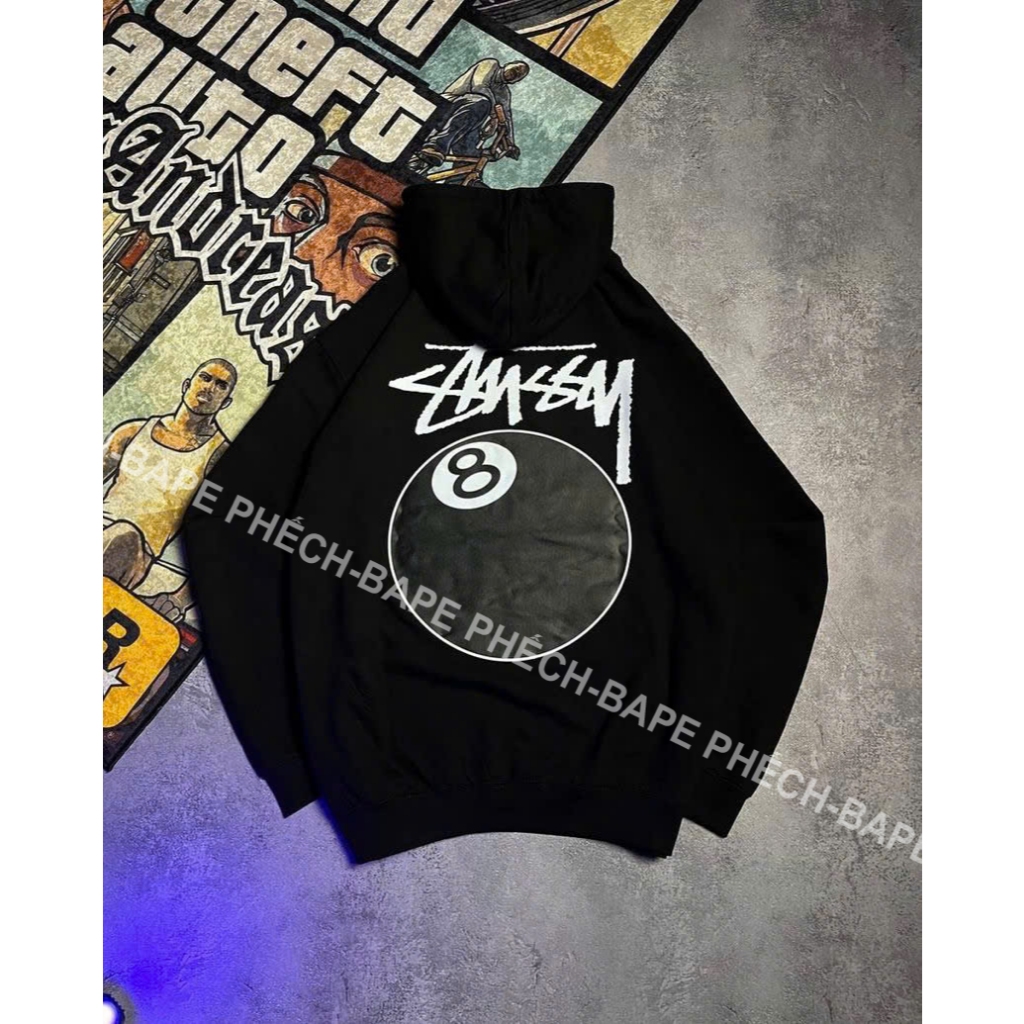 ÁO HOODIE STUSSY 8 BALL BLACK FORM RỘNG NAM NỮ UNISEX VẢI NỈ BÔNG CAO CẤP DÀY DẶN - BAPE PHẾCH