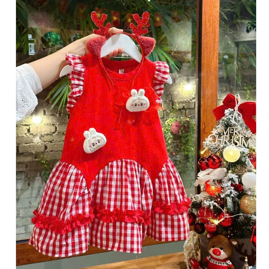 Váy/ đầm noel labubu sát nách phối caro xinh cho bé 9-26kg