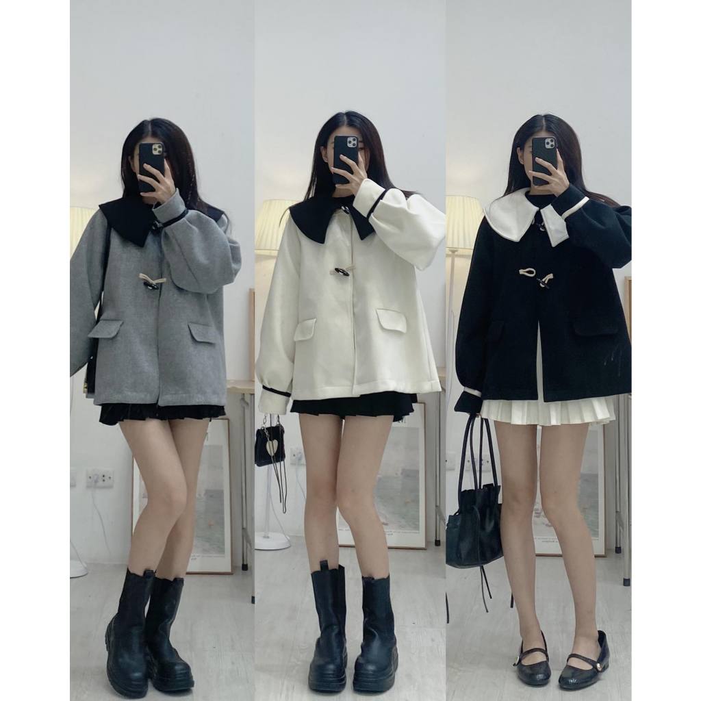 METWO. - Áo khoác dạ ép babydoll cổ bèo thuỷ thủ phối màu KHUY SỪNG QC FORM RỘNG tay bo dày dặn ulzzang Hàn Quốc #177