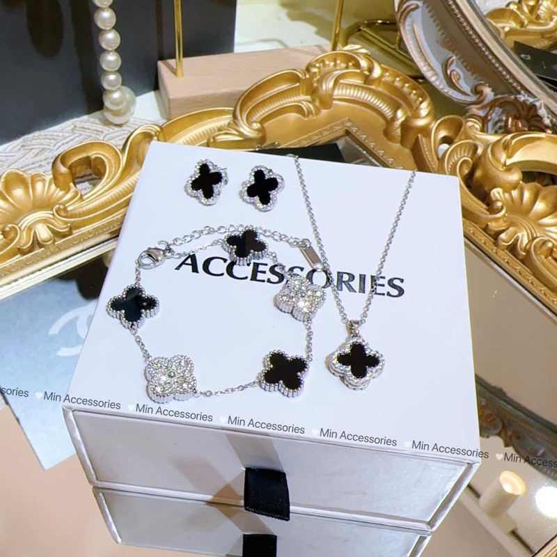  Set khuyên tai vòng cổ lắc tay cỏ 4 lá đủ màu titan k đen k han gỉ set trang sức by Min Accessories   Bản 13mm   