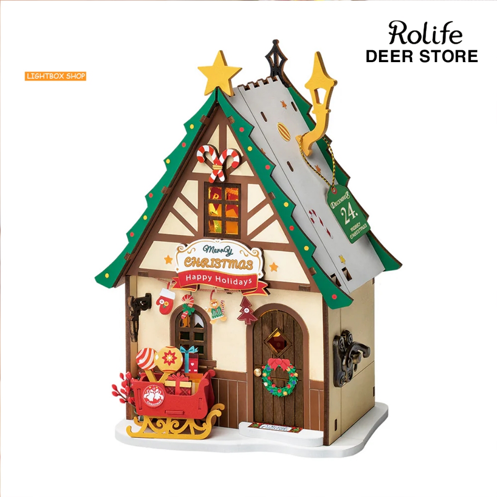 Robotime Nhà búp bê chủ đề noel. Rolife Twinkling Christmas House DS036 DIY. Deer Store