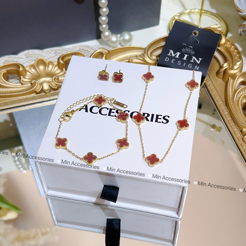  Set khuyên tai vòng cổ lắc tay cỏ 4 lá size mini 8mm titan k đen k han gỉ Set trang sức by Min Accessories-Mã SET02 