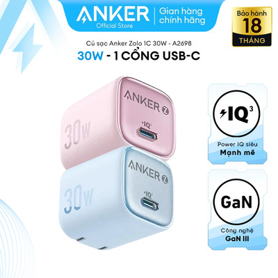 Củ sạc nhanh Anker Zolo GaN 30W 1 cổng USB-C Power IQ 3.0 - A2698 Hỗ trợ sạc nhanh từ iphone 8 trở lên