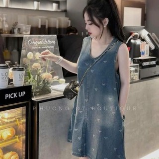 Đầm jean họa tiết nơ nhí dáng suông thắt dây nơ lưng