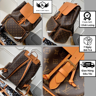 Balo đi học nam nữ Eo Vì da Pu nâu vân hoa chữ monogram túi hộp nắp khoá phối xích đồng