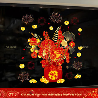Decal trang trí Tết bình đào đông hít tĩnh điện dán cửa kính 2 mặt màu OT13