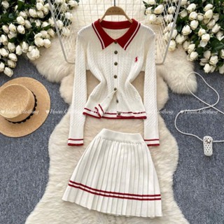 HA5447 [Order] Set thời trang nữ gồm áo len cổ polo dài tay + chân váy xếp ly viền đỏ siêu xinh