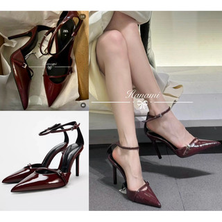  Giày cao gót Z R quai ôm cổ chân màu đỏ thẫm slay gót đũa 10p fullbox  chân gầy lùi size  