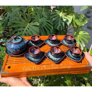  Bộ Ấm Chén 🎁 Gốm Sứ Bát Tràng 🎁 Bộ Ấm Trà Quai Sứ Cẩm Lai xanh Hoả Biến 