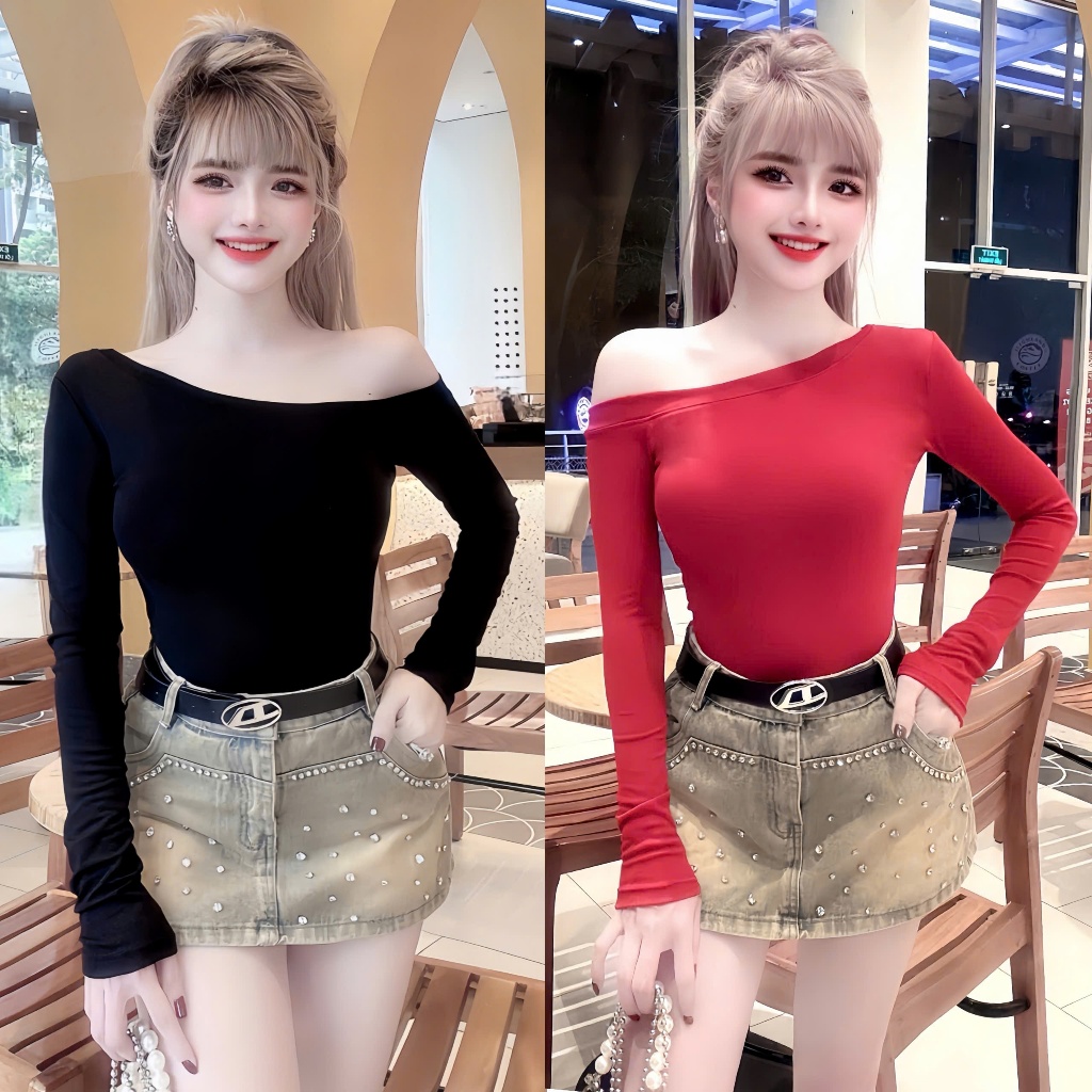 Áo thun nữ lệch vai tay dày