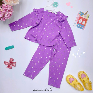  Bộ bé gái tay dài quần dài khuy vai Miwoo xuất Nhật chất bozip mềm mại co giãn 