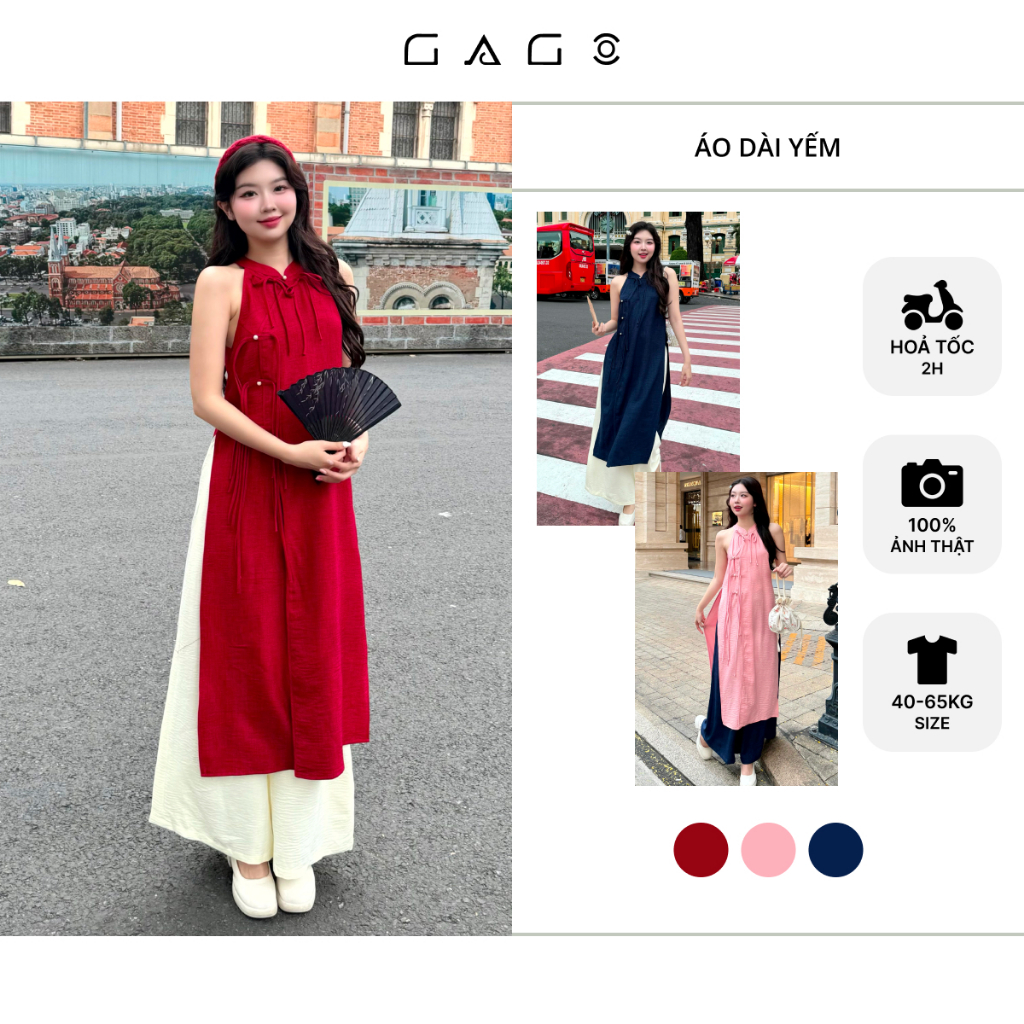 Set Áo Dài Yếm Kèm Quần GAGO Brand Cách Tân Hot Mới Nhất 2027 Vải Đũi Vân May Bigsize Đỏ Tết