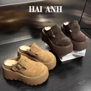  Dép Sục 7cm Da Lộn Khuy Cài Hàng Siêu Cấp Đế Cao Lót Lông Cừu QCCC Ấm Áp Xinh Xắn Thời Trang Retro Cho Nữ 2024 