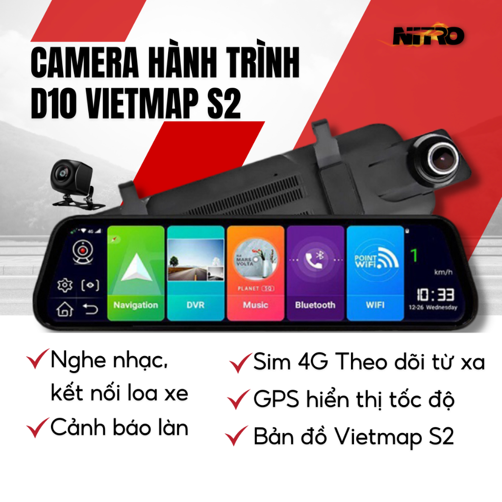Camera hành trình D10 màn cảm ứng 10inch Full HD có bản đồ Vietmap S2, GPS, lắp sim 4G xem từ xa, cảnh báo làn, tốc độ