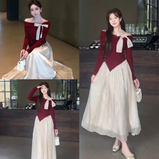  Áo thun trễ vai dài tay đỏ đính nơ vạt chéo kèm chân váy voan dài 2 lớp Set váy nữ sang chảnh dễ thương đi chơi mặc tết 