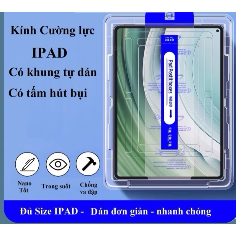 Kính cường lực có Khung tự dán cho iPad Gen 7,8,9,10, Air, Air 2, 3,4,5, Pro 11 2020, 21, 22, 24 M1 