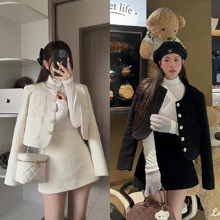 (HÀNG L1 CÓ SẴN) Set Áo Khoác Dạ Tweed Cúc Ngọc Phối Chân Váy A Tiểu Thư Sang Chảnh - LIING