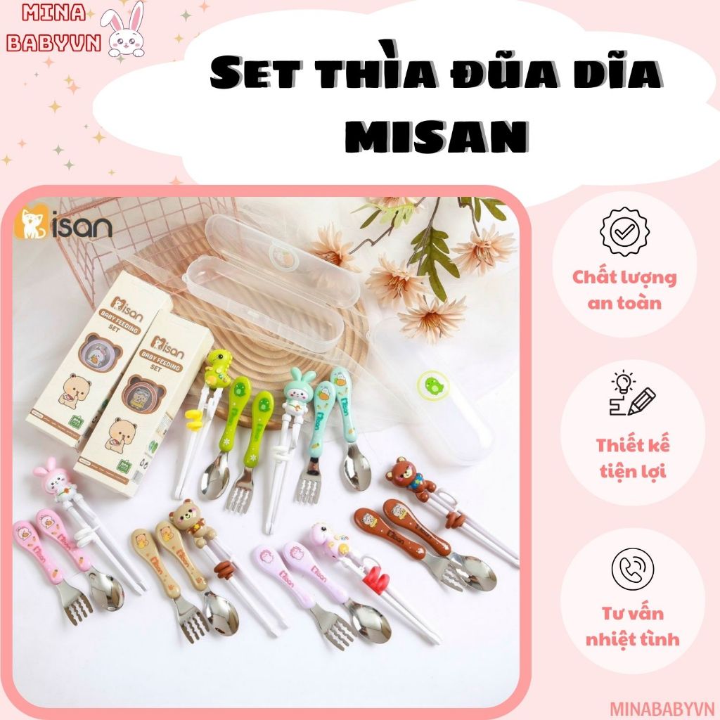 Set đũa thìa dĩa Misan tập xúc kèm hộp đựng, Thìa nĩa tập xúc cho bé Misan chất liệu Inox an toàn ch