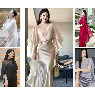 [HÌNH THẬT] Set Đầm Phi Lụa Kèm Áo Khoác Choàng Voan Tơ Dáng Dài Sang Trọng Hàng Thiết Kế