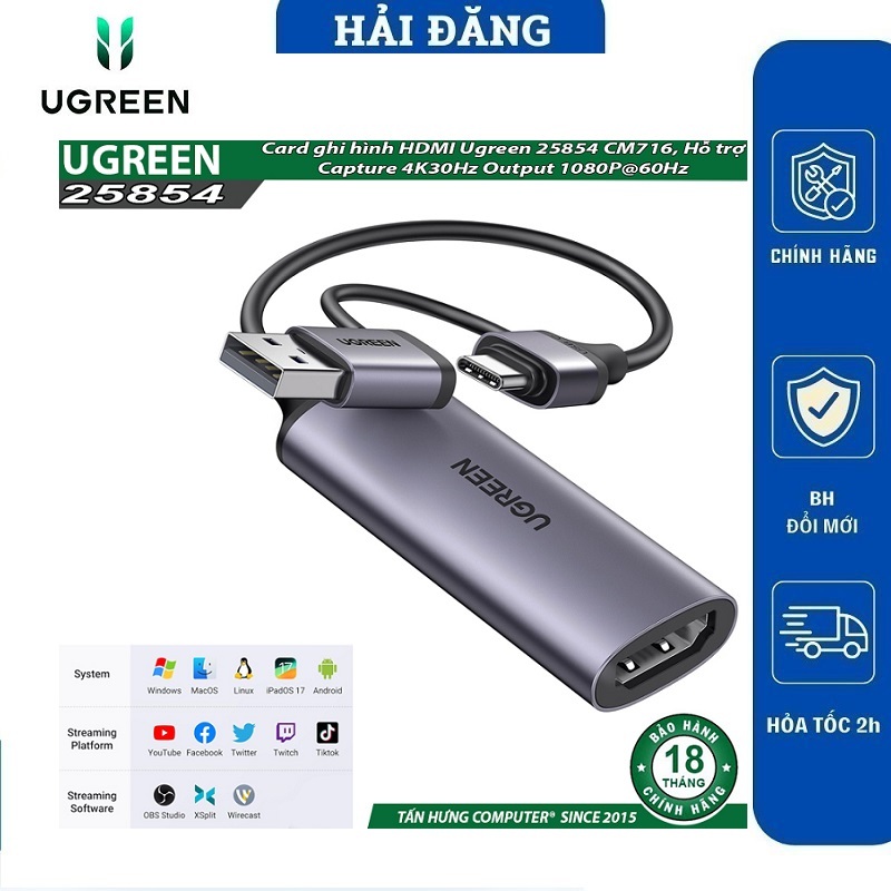 Card ghi hình Ugreen  25854 CM489 (HDMI to USB + Type C,Video Capture live streaming)