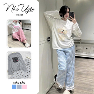 Set bộ thiết kế họa tiêt chú cún con trắng dễ thương, đáng iu, áo cổ tròn tay dài phối quần dài ống suông caro xanh ren