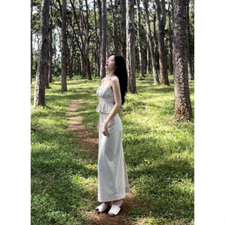 SET LINEN ÁO 2 DÂY NHÚM CHUN CỘT NƠ MIX CHÂN VÁY CHỮ A DÁNG DÀI 92CM CÓ XẺ SAU PHONG CÁCH HÀN QUỐC THANH LỊCH