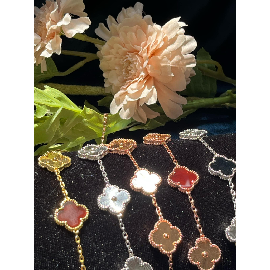 Lắc tay bạc ý 925 mạ vàng  họa tiết cỏ 4 lá đỏ mix mạ vàng