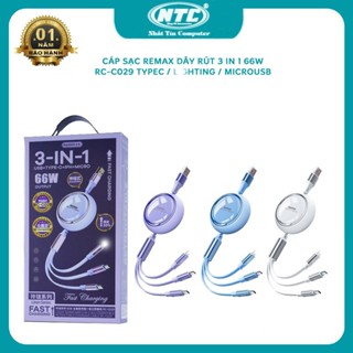 Cáp sạc nhanh 3 đầu dây rút Remax RC-C029 max 66W 3in1 TypeC / laiNinh / MicroUSB - dây kéo dài tối đa 1.2m (3 màu)