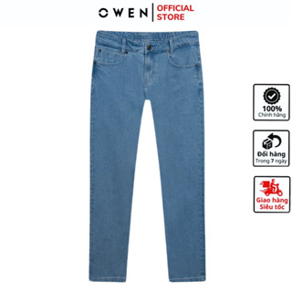 Quần jean nam hàng hiệu OWEN QJR241264 phom regular fit tôn dáng màu xanh nhạt vải bò cotton cao cấp bền đàn hồi tốt