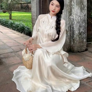 Set váy thiết kế nàng thơ nhẹ nhàng, trong trẻo cho nàng chụp ảnh, set áo tơ cổ trụ tay loe thêu hoa 2 lớp mix váy dài