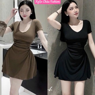 [KÈM QUẦN BẢO HỘ] Set đầm cổ V tay ngắn dúm eo siêu xinh chất gân đũa QC dày đẹp form < 53kg