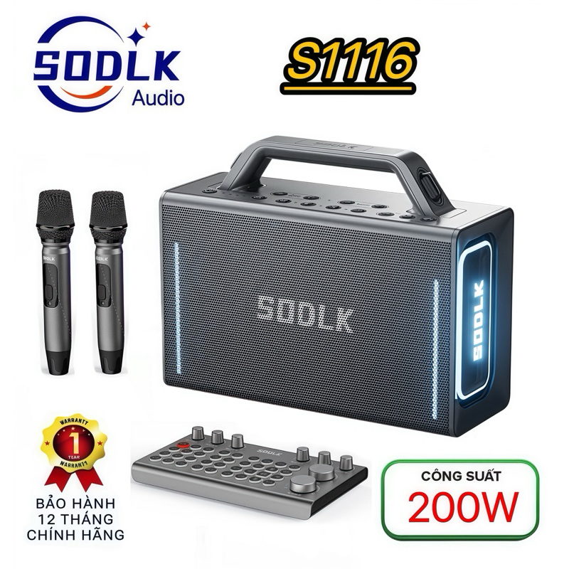 SODLK S1116 CÔNG XUẤT 200W KIÊM SOUND CARD LIVE VÀ THU ÂM TUỲ THíCH KÈM 2MiCRO KHôNG DâY