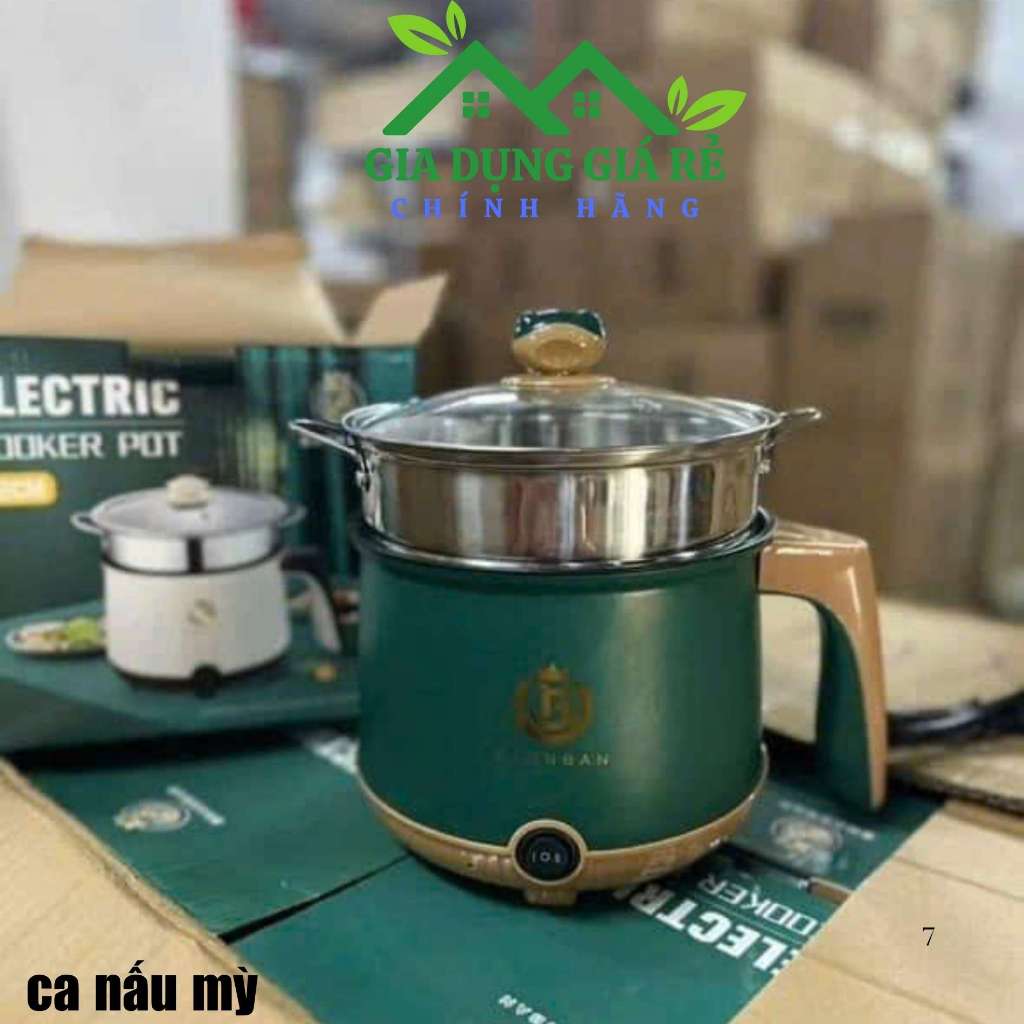 Nồi lẩu điện xanh, ca nấu mỳ inoc kèm giá hấp 2 tầng, nồi  đa năng mini luộc, hấp, chiên chống dính.
