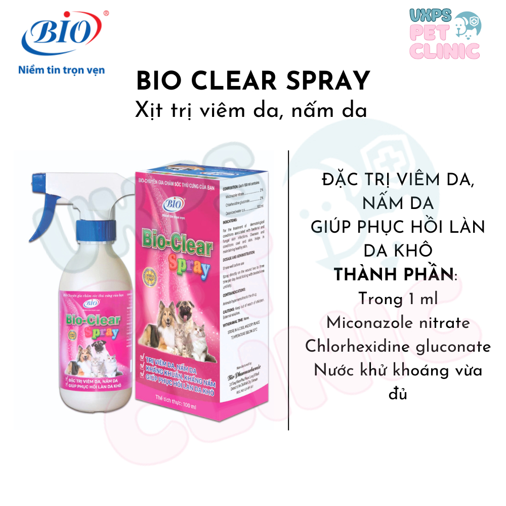 Bio Clear Spray - Dung Dịch Xịt Nấm Da, Viêm Da, Phục Hồi Da Khô Dành Cho Chó Và Mèo
