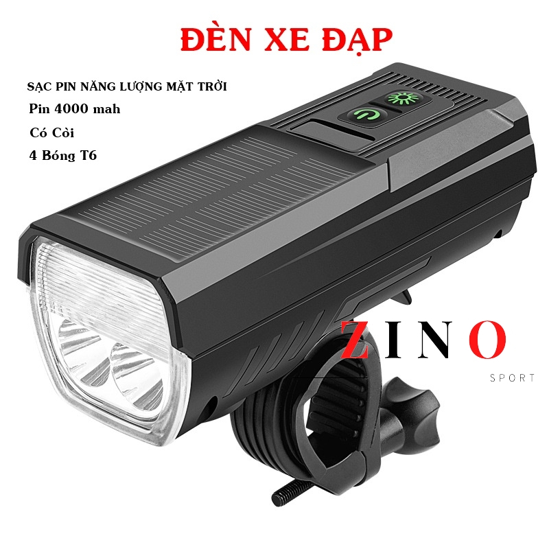 Đèn xe đạp có còi chống nước pin năng lượng mặt trời, đèn 4 bóng led siêu sáng 1000 lumens pin 4000mah