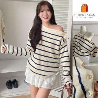 Áo Len Dệt Kim Nữ Cổ Vuông, Áo Len Thun Tăm Dài Tay Trễ Vai Cài Khuy Lệch Phối Kẻ Ngang Hàng Qccc TIểu Thư Shopquacam