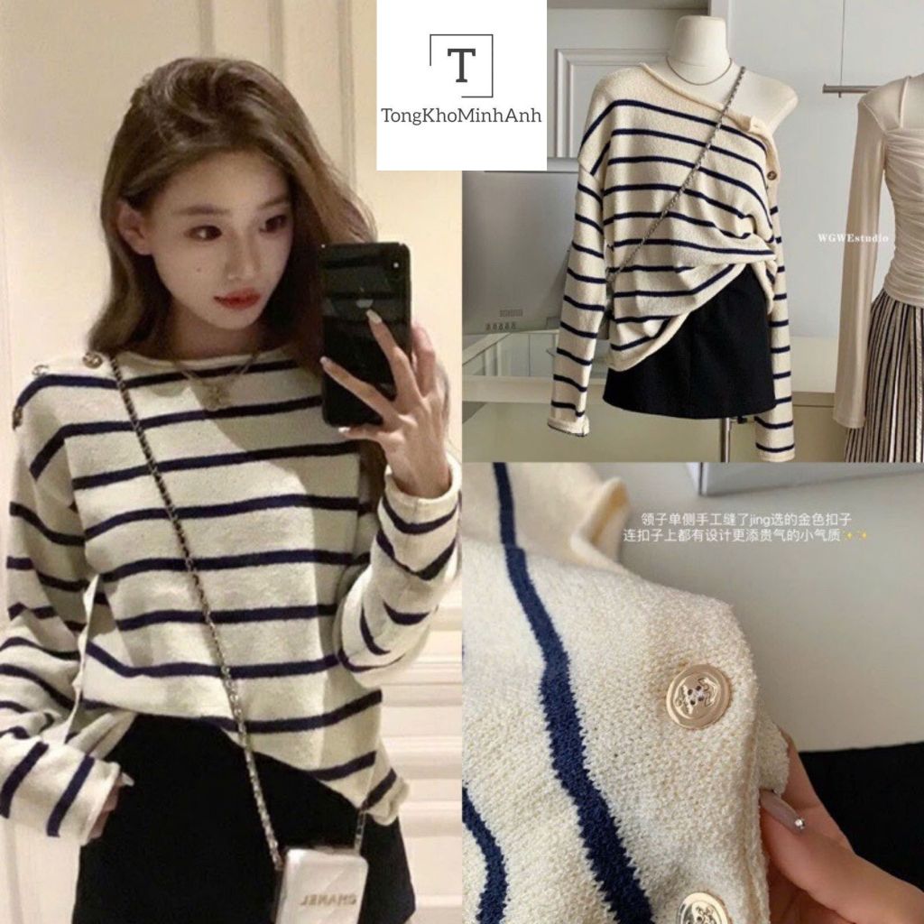 Áo Len Tăm Tay Dài Dáng Ôm Body Vừa Người Trễ Vai Phối Khuy Lệch Kẻ Ngang Đen Tiểu Thư Basic Hàng Qccc Tongkhominhanh