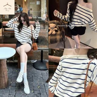  Áo Len Tăm Tay Dài Dáng Ôm Body Thời Trang Tiểu Thư Trễ Vai Cổ Vuông Phối Khuy Lệch Kẻ Sang Ngang Hàng Qccc Matmat 