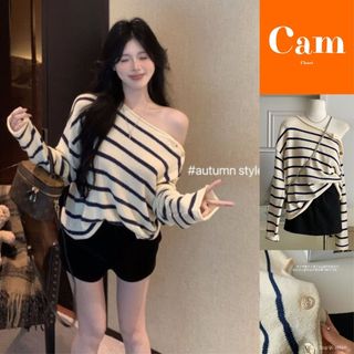  Áo Len Mỏng Dài Rộng Áo Sweater Dệt Kim Kiểu Cài Khuy Lệch Trễ Vai Dài Tay Basic Phối Kẻ Sọc Ngang Hot 2025 Camcloset 