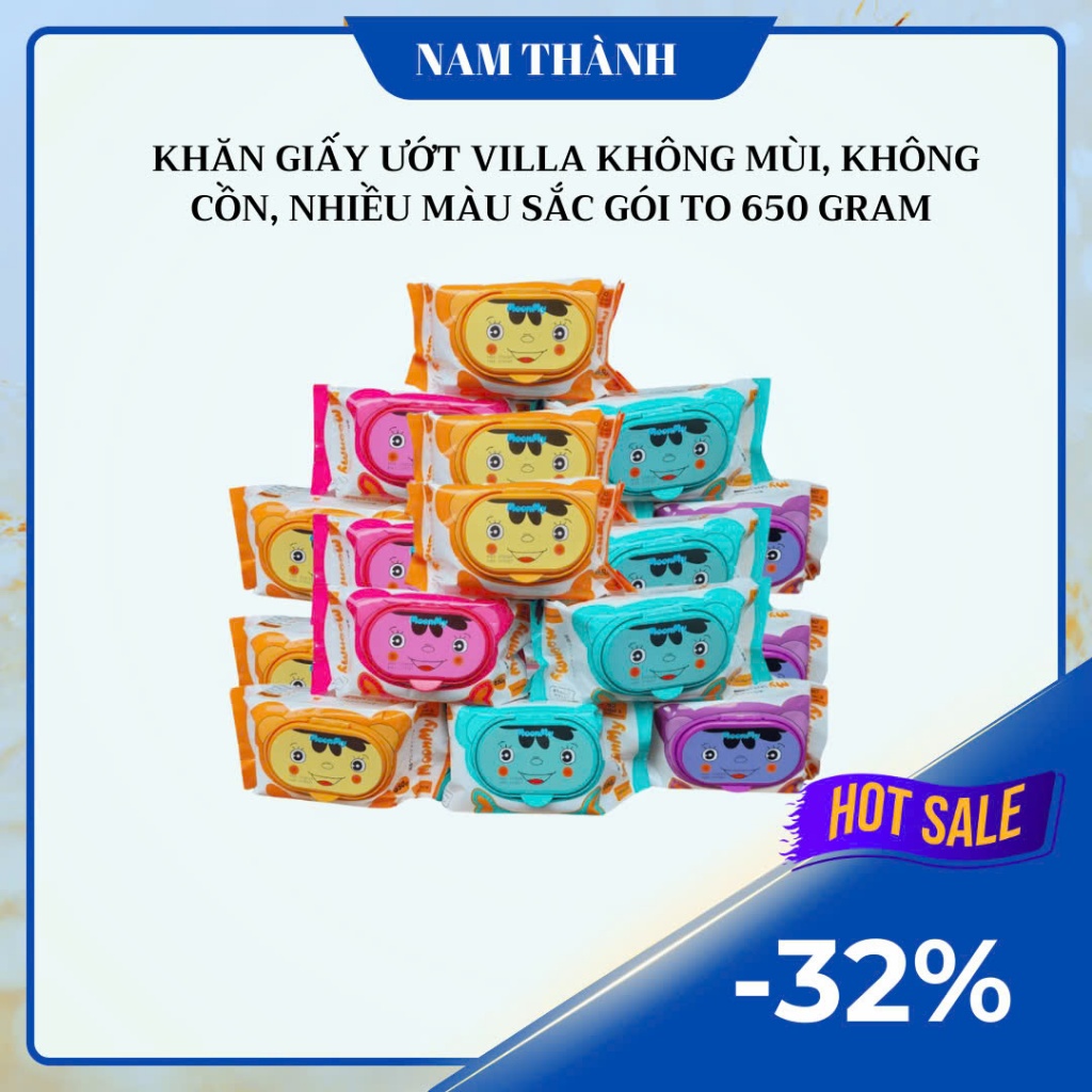 Combo 15 gói khăn ướt gấu Villa không mùi, không Parabens, dùng cho em bé gói to 650 gram