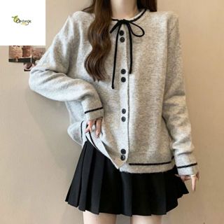 Áo Cadigan Lông Thỏ, Áo Khoác Len Dệt Kim Phối Cúc Đôi Viền Kẻ Buộc Nơ Siêu Xinh Phong Cách Hàn Quốc Giữ Ấm Orangecloset