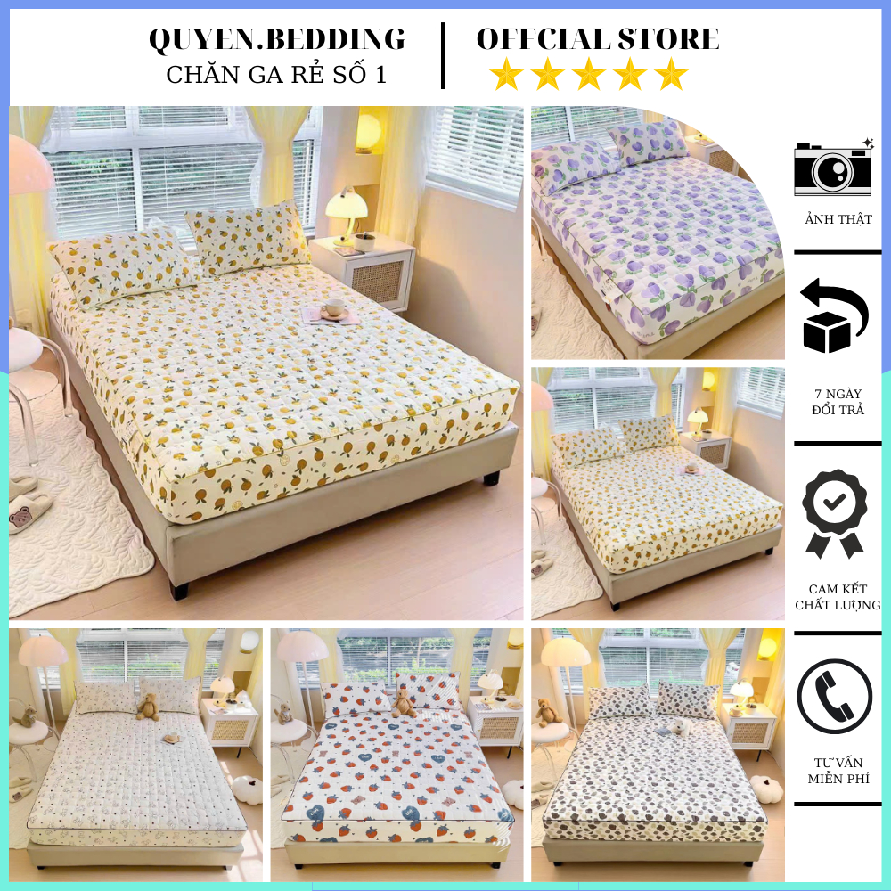 Bộ ga gối trần bông đậu nành bo chun, ga gối trần bông bo chun đậu nành, ga trần bông mềm mại thoáng