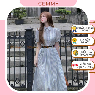 Váy sơ mi, váy sơ mi sọc dáng dài kèm thắt lưng, váy sơ mi chất kate lụa mềm mát bo chun eo đơn giản nhẹ nhàng - GEMMY