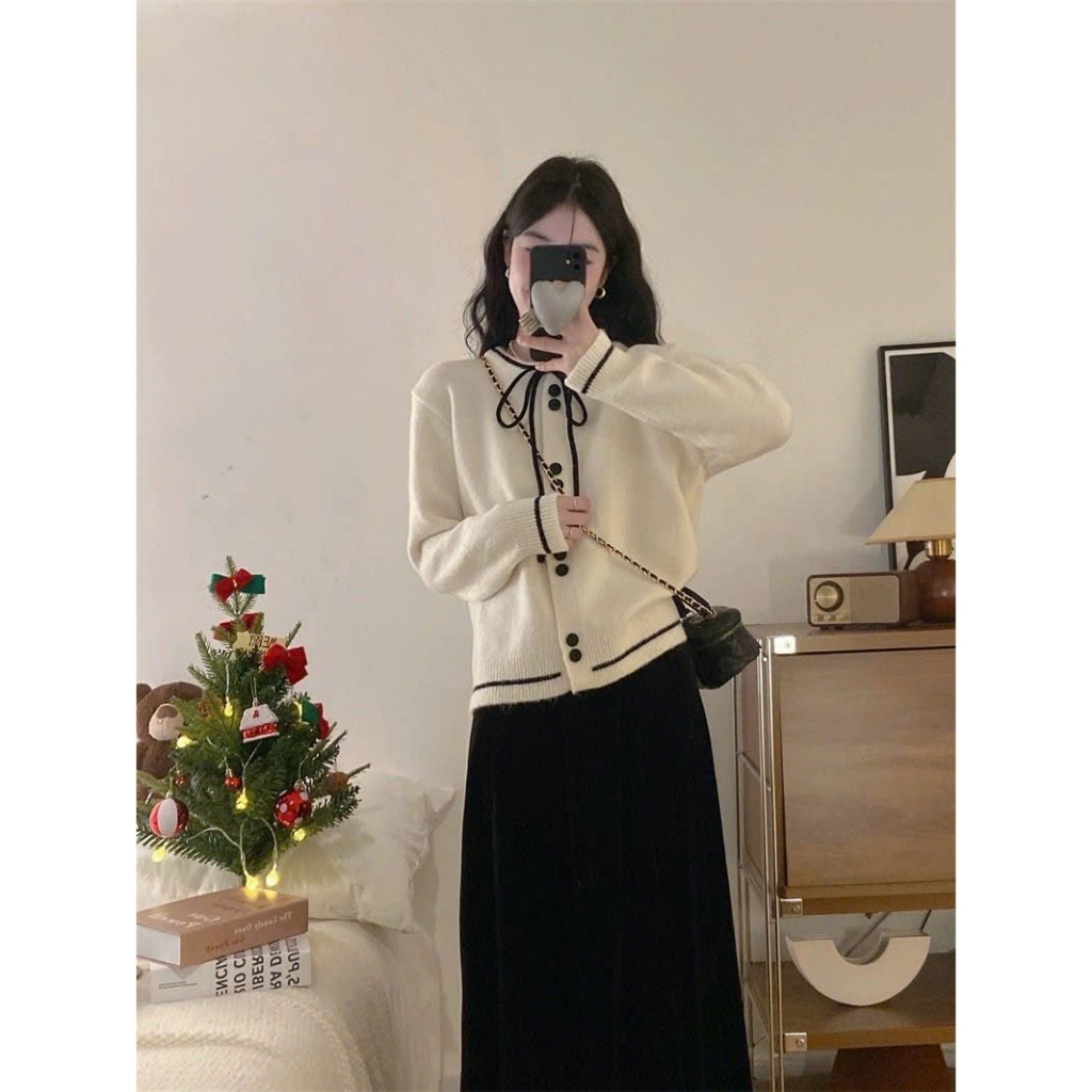 Áo Cadigan Len Lông Thỏ, Áo Len Dệt Kim Phối Cúc Đôi Viền Kẻ Đen Nơ Cổ Phong Cách Hàn Quốc Dễ Thương Qccc Shopquacam | BigBuy360 - bigbuy360.vn