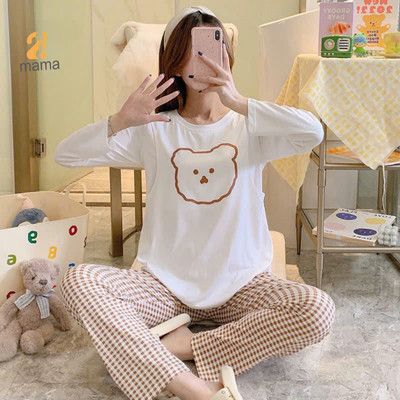 Bộ Bầu Mặc Nhà Cotton Gấu trắng Đồ Bầu Sau Sinh Mở 2 Bên Cho Con Bú Và Quần Chun Chỉnh Bụng, Dài Tay 2mama